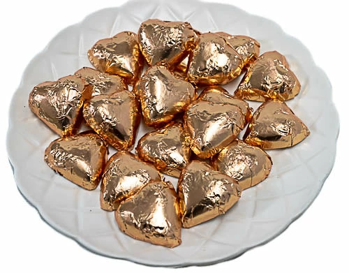 Paul's Confectionery Chocolates - Milk, Dark & White Hearts - Milk Chocolate Hearts In Rose Gold Foil
