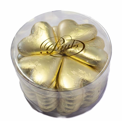 Paul's Confectionery Chocolates - Milk, Dark & White Hearts - Milk Chocolate Hearts In Gold Foil 30g Tub