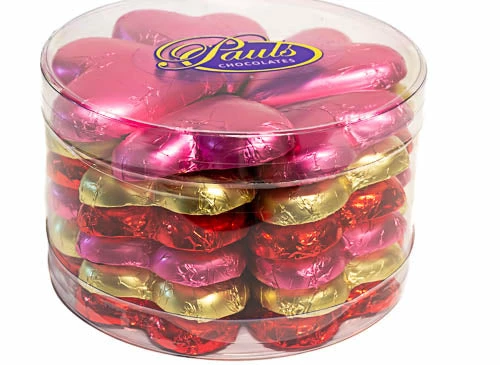 Paul's Confectionery Hearts - Milk Chocolate 30g Hearts In Assorted Foil Tub Of 30 Chocolates - Milk, Dark & White