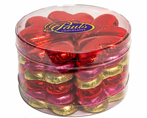 Paul's Confectionery Hearts - Milk Chocolate 30g Hearts In Assorted Foil Tub Of 30 Chocolates - Milk, Dark & White