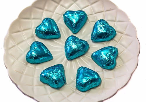 Paul's Confectionery Hearts - Milk Chocolate Hearts In Aqua Blue Foil Chocolates - Milk, Dark & White