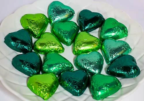 Paul's Confectionery Hearts - Milk Chocolate Hearts In Mixed Green Foils 1kg