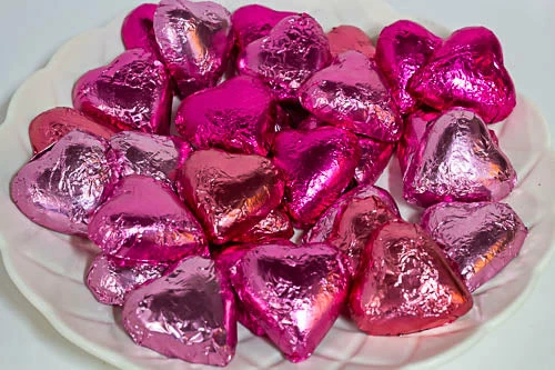 Paul's Confectionery Chocolates - Milk, Dark & White Hearts - Milk Chocolate Hearts In Mixed Pink Foils