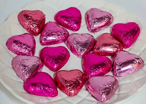 Paul's Confectionery Chocolates - Milk, Dark & White Hearts - Milk Chocolate Hearts In Mixed Pink Foils
