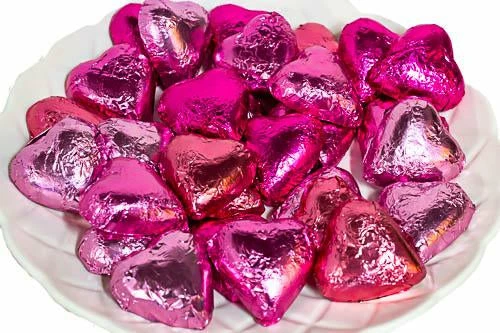 Paul's Confectionery Chocolates - Milk, Dark & White Hearts - Milk Chocolate Hearts In Mixed Pink Foils 1kg