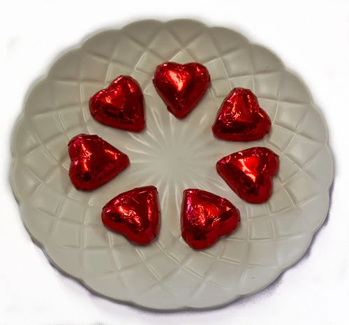 Chocolate Gems Hearts - Milk Chocolate Hearts In Red Foil Chocolates - Milk, Dark & White