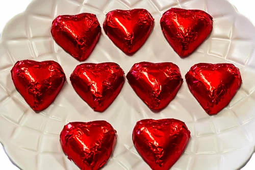 Chocolate Gems Hearts - Milk Chocolate Hearts In Red Foil Chocolates - Milk, Dark & White