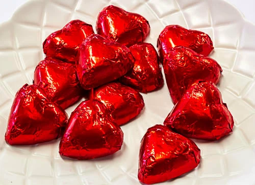 Chocolate Gems Hearts - Milk Chocolate Hearts In Red Foil Chocolates - Milk, Dark & White