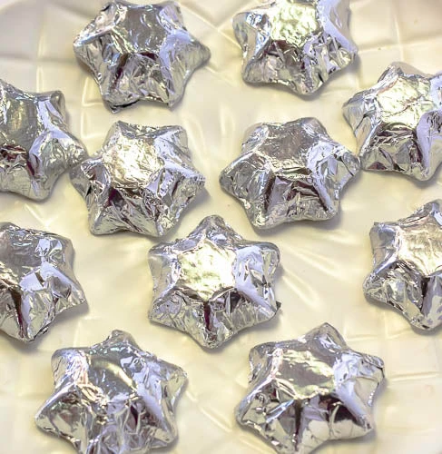 Chocolate Gems Chocolates - Milk, Dark & White Stars - Chocolate Foil Stars - Silver